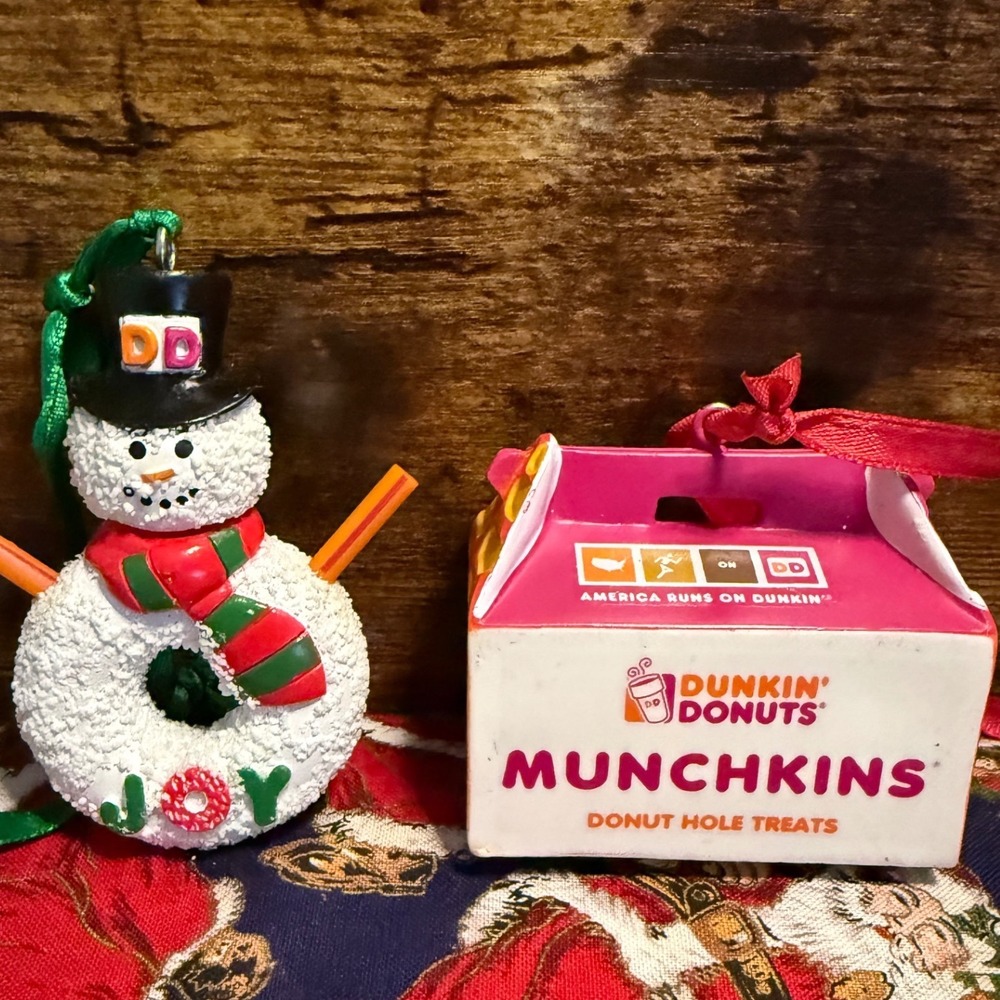 Dunkin Donuts Christmas Ornaments Set Snowman Donut and Munchkins Box Joy